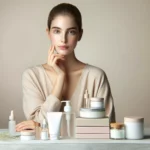 Donna con pelle chiara tra prodotti di bellezza minimalisti, simbolo di controllo sull'acne ormonale