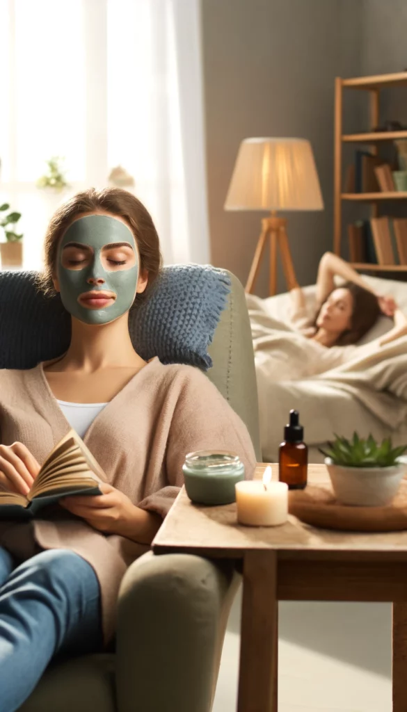 Relax con maschera all'olio di tea tree in ambiente casalingo.