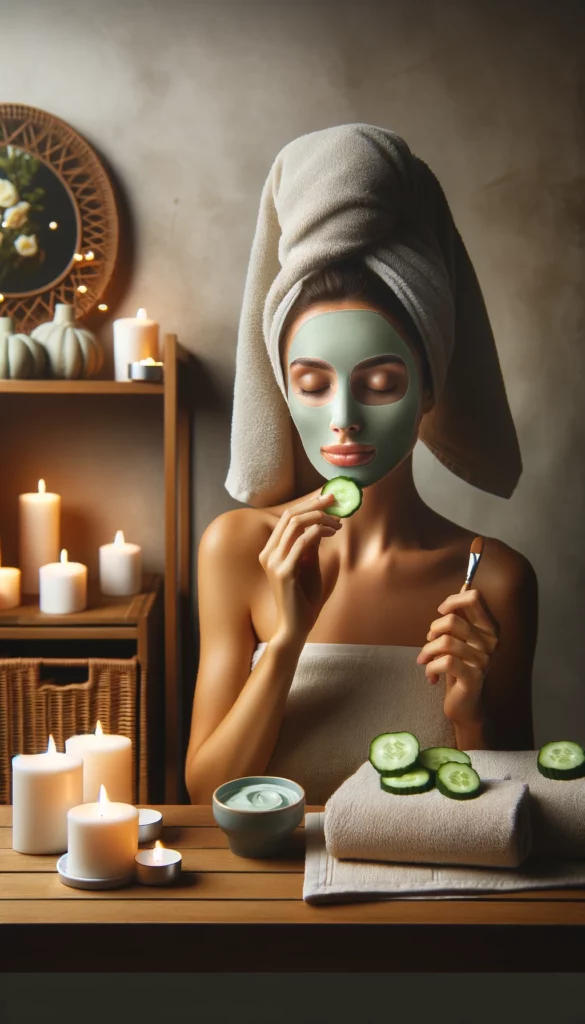 Donna applica maschera di cetriolo in ambiente spa domestico.