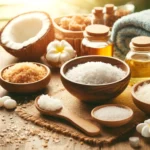 Setup spa casalinga con ingredienti naturali per scrub fai da te.